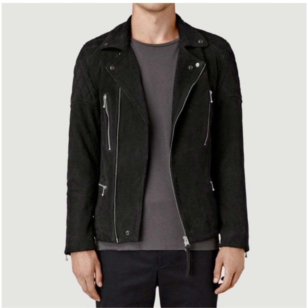 AllSaints Kenji Biker Jacket Men Small Black Sheep Leather Quilted Moto ML024K
